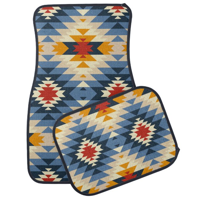 Native American Tribal Pattern Blue Red Gold Car Floor Mat (Set)