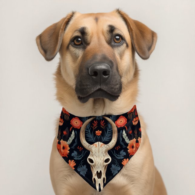 Native American Tribal Steer Skull and Flowers Pet Bandana Collar (Dog 2)