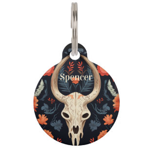Native American Tribal Steer Skull and Flowers Pet ID Tag