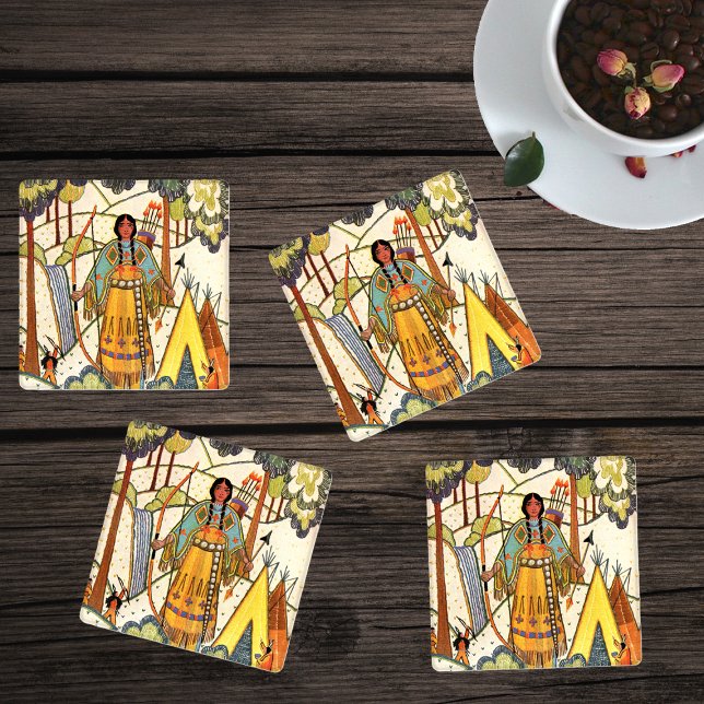 Native American Village Woman Embroidery Texture Coaster Set (Indian village in woods woman tepee trees with faux embroidery texture on drink coaster set.)
