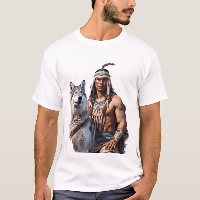 Native American Warrior with Wolf T-Shirt (Front)