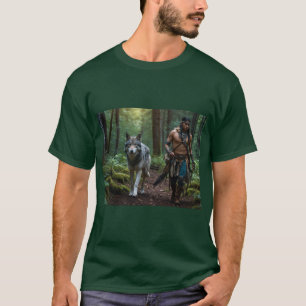 Native American Warrior & Wolf Wildlife Design T-Shirt