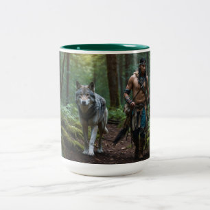 Native American Warrior & Wolf Wildlife Design Two-Tone Coffee Mug