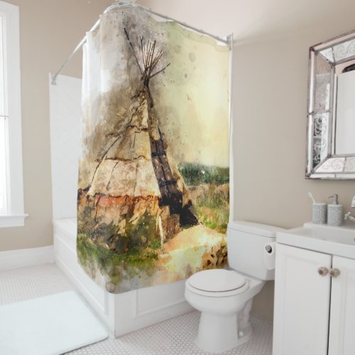 Native American Watercolor Teepee Shower Curtain