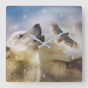 Native American Wolf and Red Tail Hawk Square Wall Clock