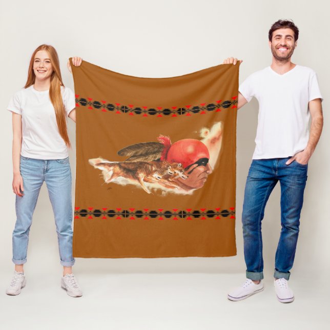 Native American Wolf Clan Cherokee Indian Warrior Fleece Blanket (In Situ)