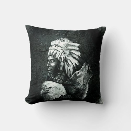 Native American Wolf Eagle Throw Pillow