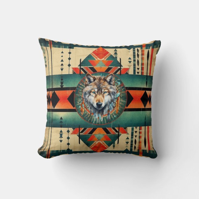 Native American Wolf Throw Pillow (Front)