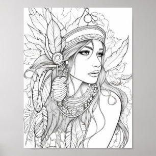 Native American Woman Adult Coloring Poster