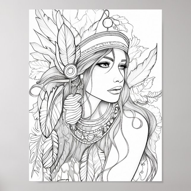 Native American Woman Adult Coloring Poster (Front)