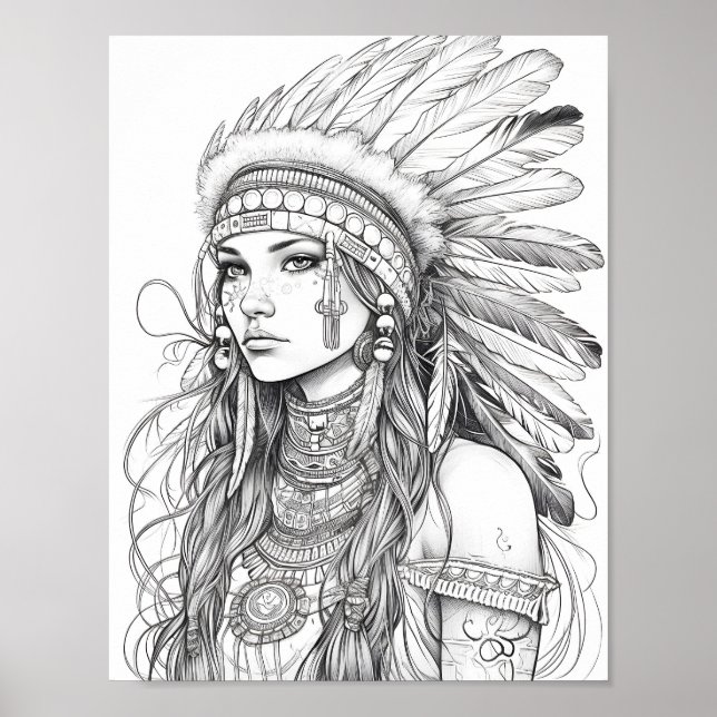 Native American Woman Adult Coloring Poster (Front)