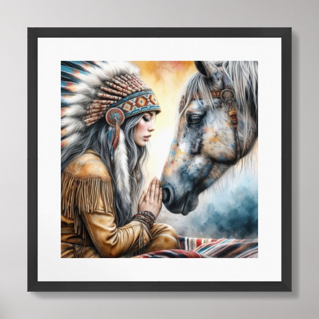 Native American woman and her Mustang horse Framed Art (Framed Front)