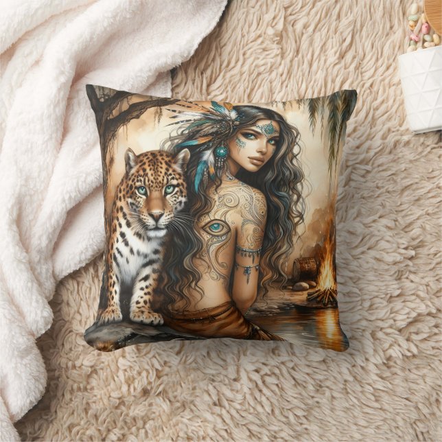 Native American Woman and Tiger by Waterfall Throw Pillow (Blanket)
