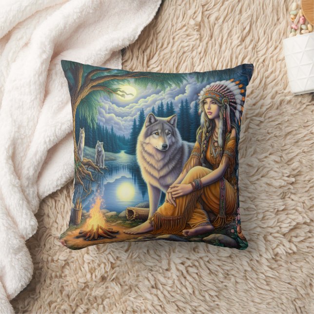 'Native American Woman and Wolf by Lake' Throw Pillow (Blanket)