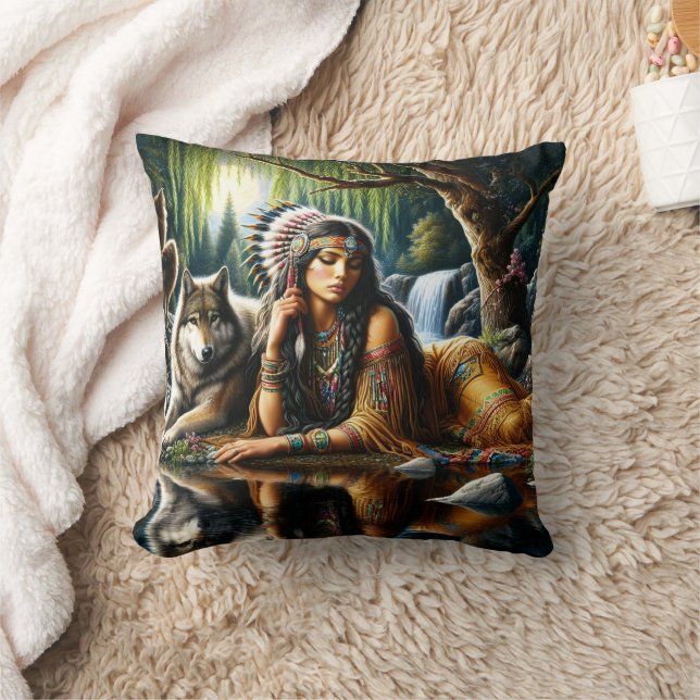 Native American Woman and Wolf By Tranquil Water Throw Pillow (Blanket)