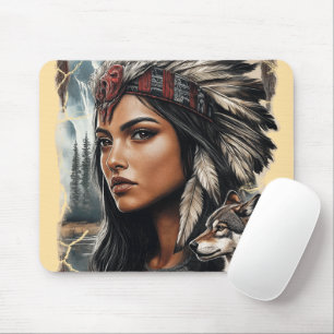 Native American woman and wolf vintage design Mouse Pad