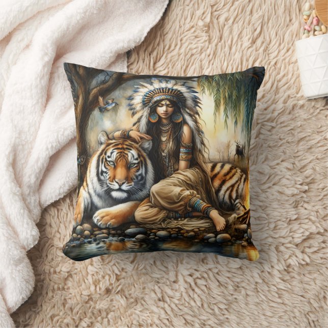 Native American Woman Beside a Tiger by a River Throw Pillow (Blanket)