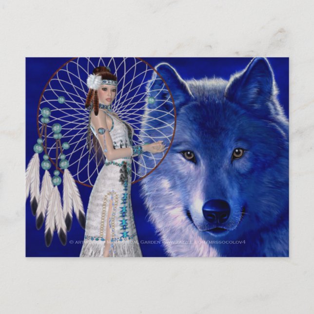 Native American Woman & Blue Wolf Design 2 Postcard (Front)