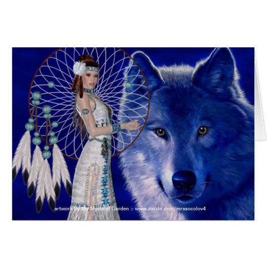 Native American Woman & Blue Wolf Design Updated Cards (Front Horizontal)