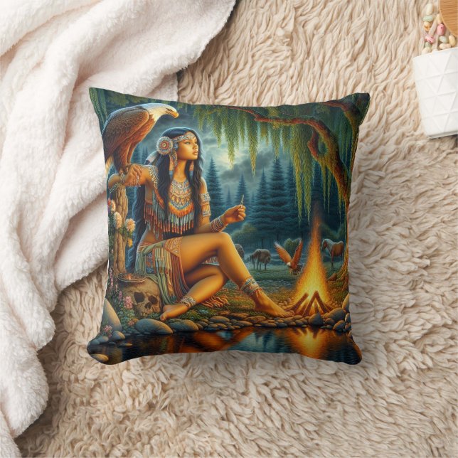 Native American Woman by Campfire, Eagle Throw Pillow (Blanket)