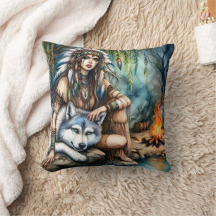 Native American Woman by Campfire With Wolf Throw Pillow