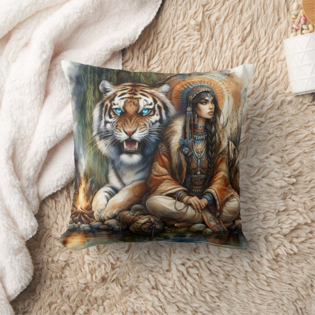 Native American Woman by River Tiger Throw Pillow (Blanket)