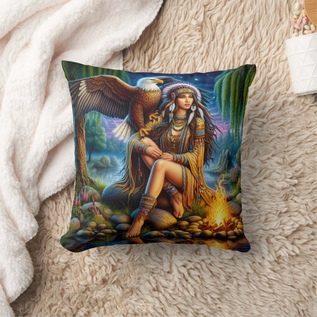 Native American Woman by Water at Night Throw Pillow (Blanket)