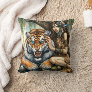 Native American Woman Cares for Tiger by Water Throw Pillow