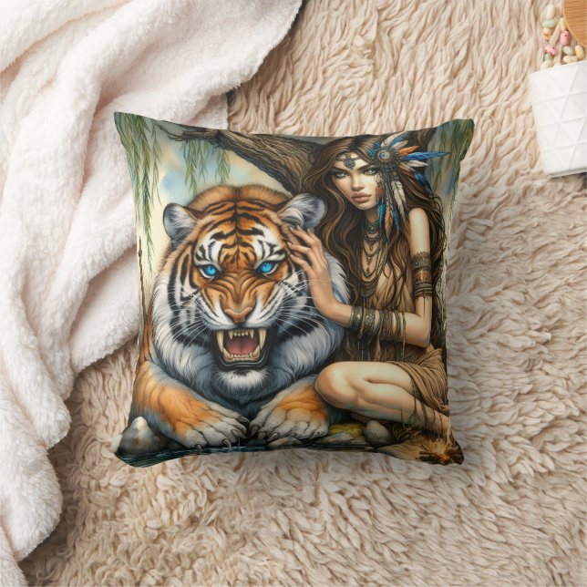 Native American Woman Cares for Tiger by Water Throw Pillow (Blanket)