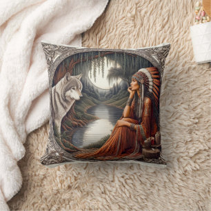 Native American Woman Contemplating With Wolf Throw Pillow