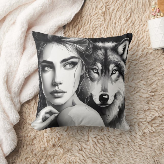 Native American Woman Embracing Wolf at Dusk Throw Pillow (Blanket)