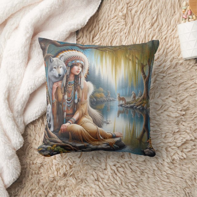 Native American Woman Embracing Wolf by Riverbank Throw Pillow (Blanket)