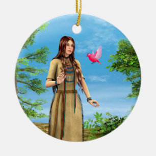 Native American Woman Forest Bird Art Ceramic Ornament