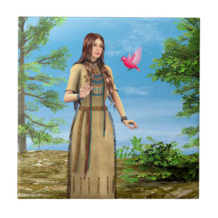 Native American Woman Forest Bird Art Ceramic Tile