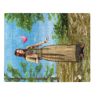 Native American Woman Forest Bird Art Jigsaw Puzzle
