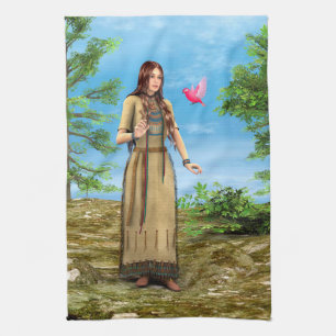 Native American Woman Forest Bird Art Kitchen Towel