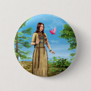 Native American Woman Forest Bird Art Pinback Button