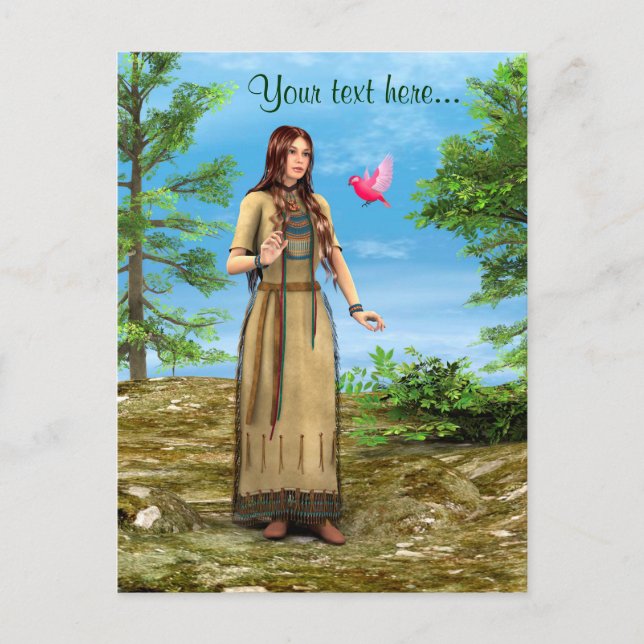 Native American Woman Forest Bird Art Postcard (Front)