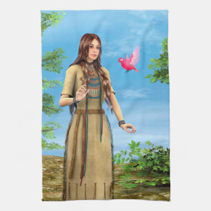 Native American Woman Forest Bird Art Towel