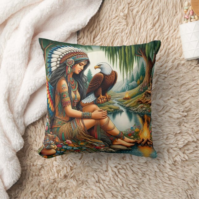 Native American Woman Holding Eagle by Riverbank Throw Pillow (Blanket)