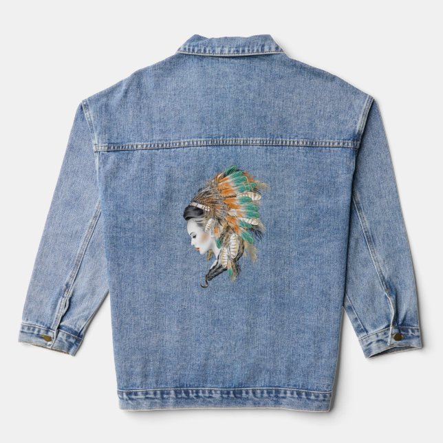 Native American Woman in Feather Headdress Denim Jacket (Back)