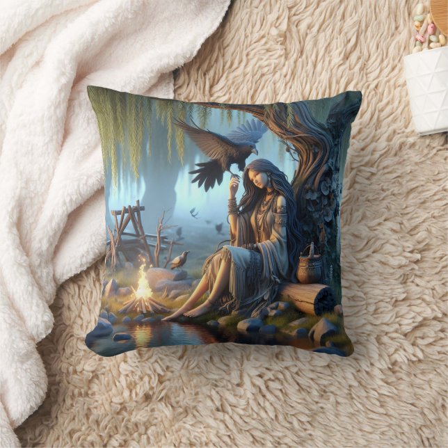 Native American Woman Meditating by Fire Throw Pillow (Blanket)