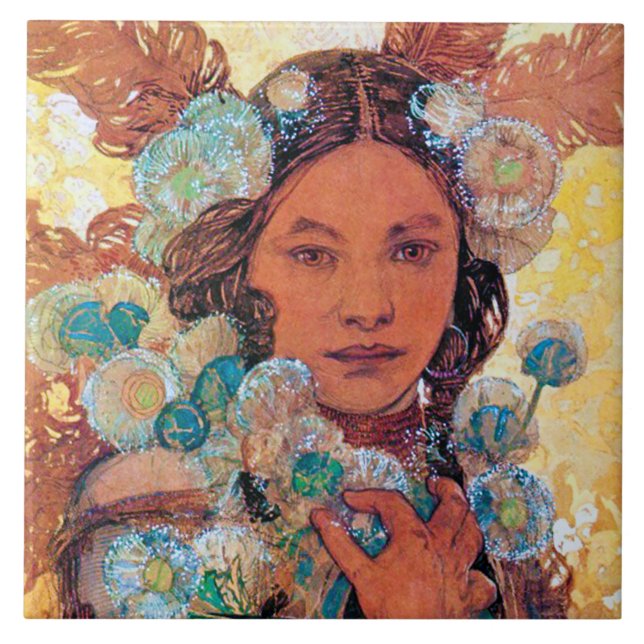 Native American Woman, Mucha Ceramic Tile (Front)