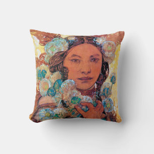 Native American Woman, Mucha Throw Pillow