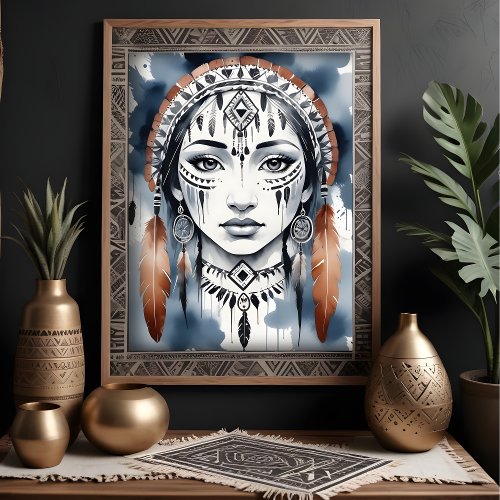 Native American Woman Portrait Feather Headdress Poster