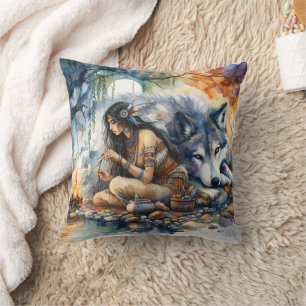 Native American Woman Preparing Food With Wolf Throw Pillow