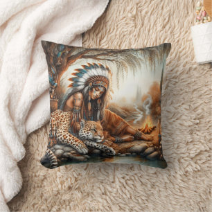Native American Woman Relaxing by River Throw Pillow