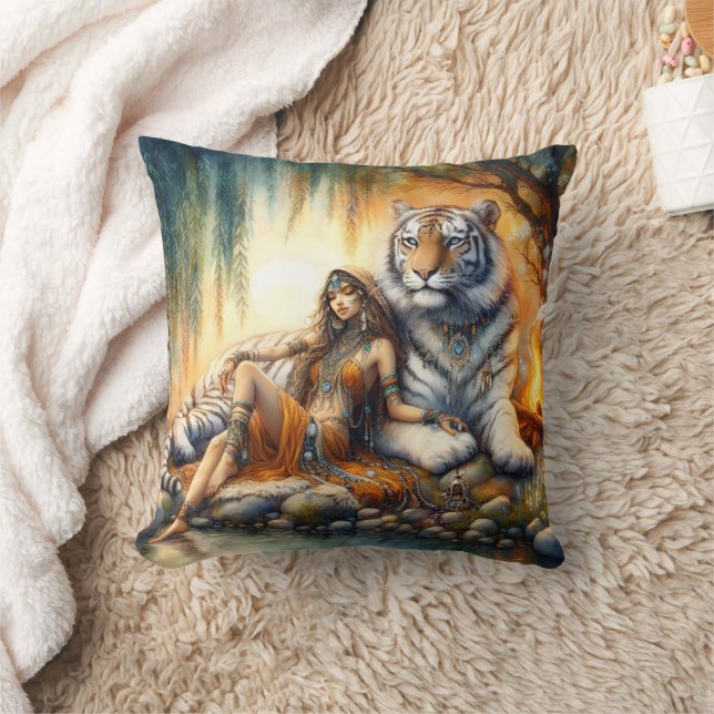 Native American Woman Relaxing With Tiger By Water Throw Pillow (Blanket)