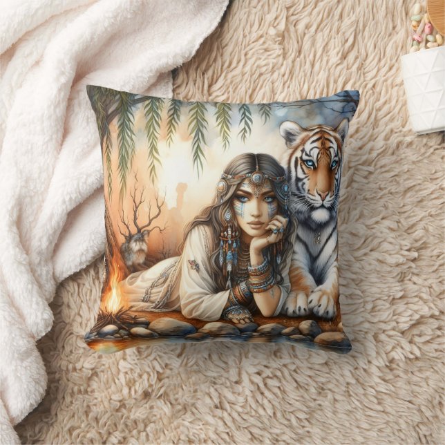 Native American Woman Relaxing With Tiger Throw Pillow (Blanket)