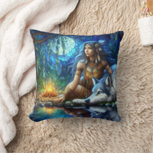 Native American Woman Sitting Beside A Wolf Throw Pillow